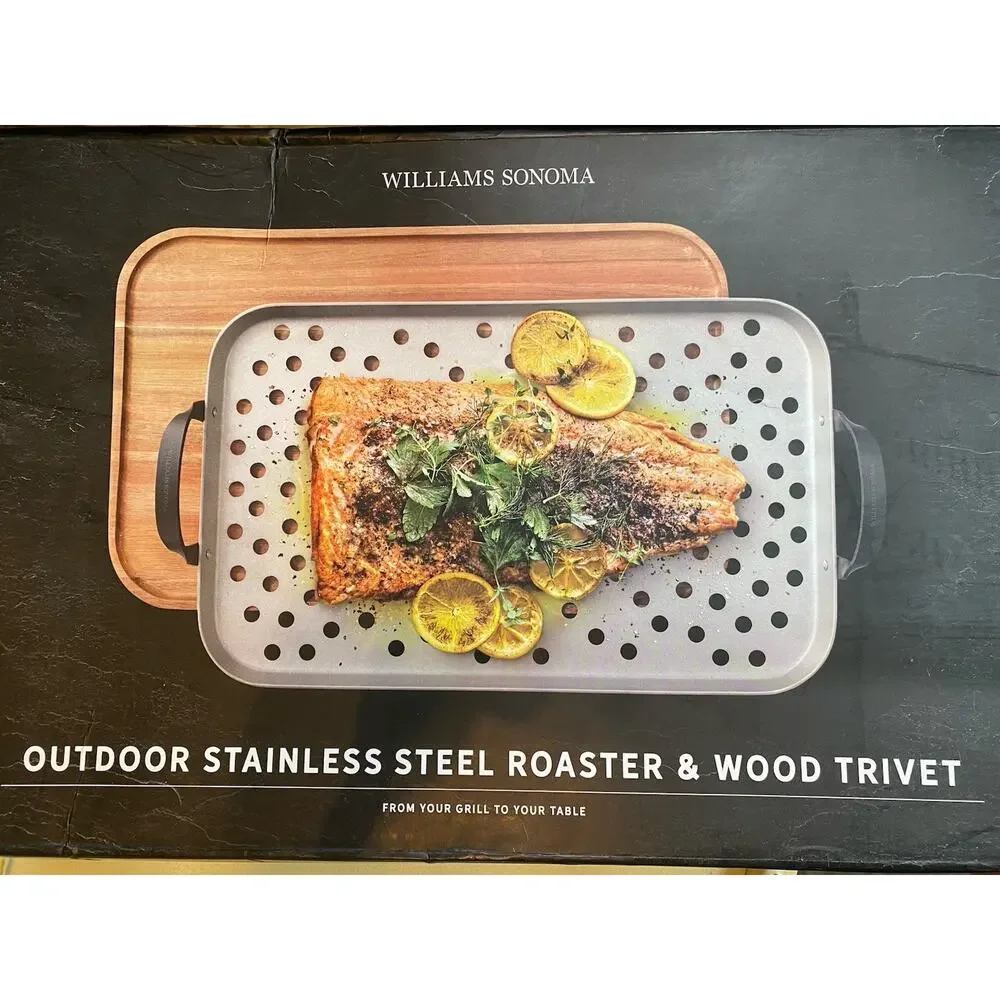 NEW Williams Sonoma Outdoor Stainless Steel Roaster Pan & Wood Trivet Set